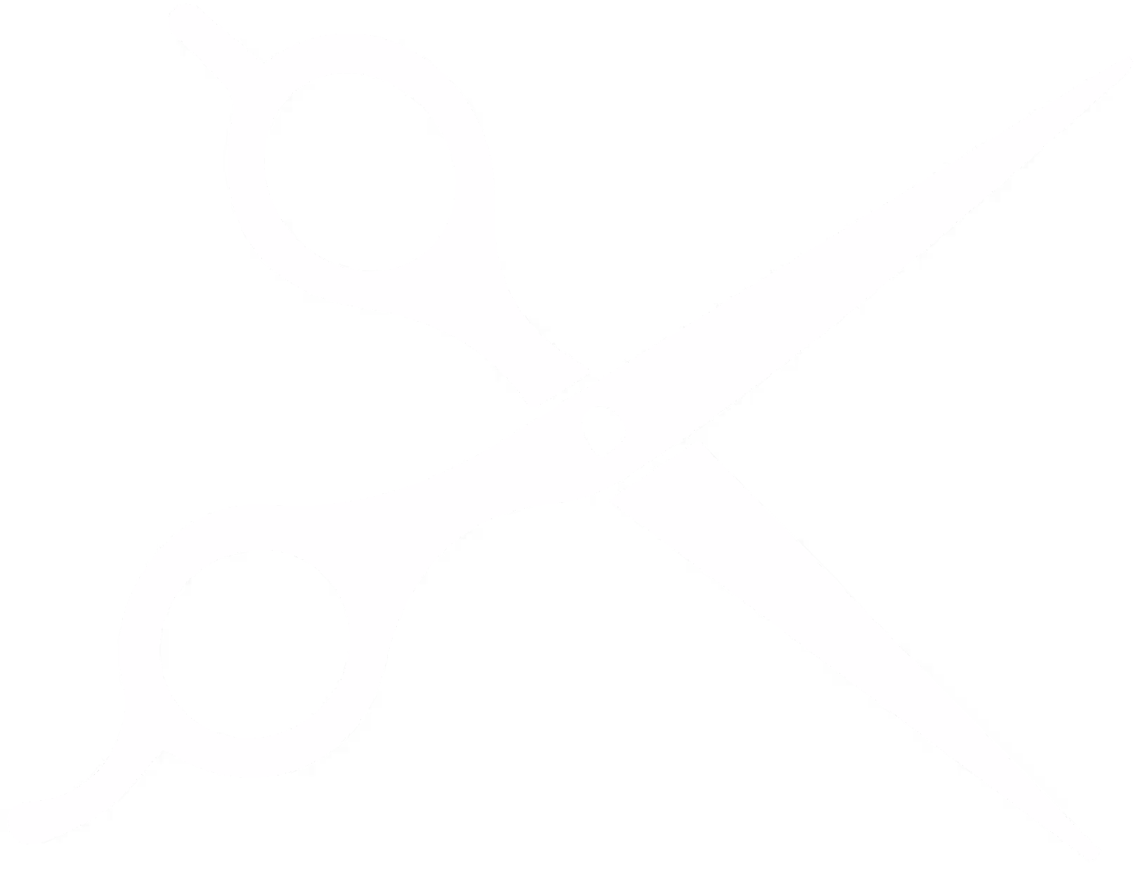 Enkel illustrasjon av en saks med to sirkulære fingerhull og spisse blad, orientert diagonalt fra nederst til venstre til øverst til høyre, i en ensfarget hvit farge.