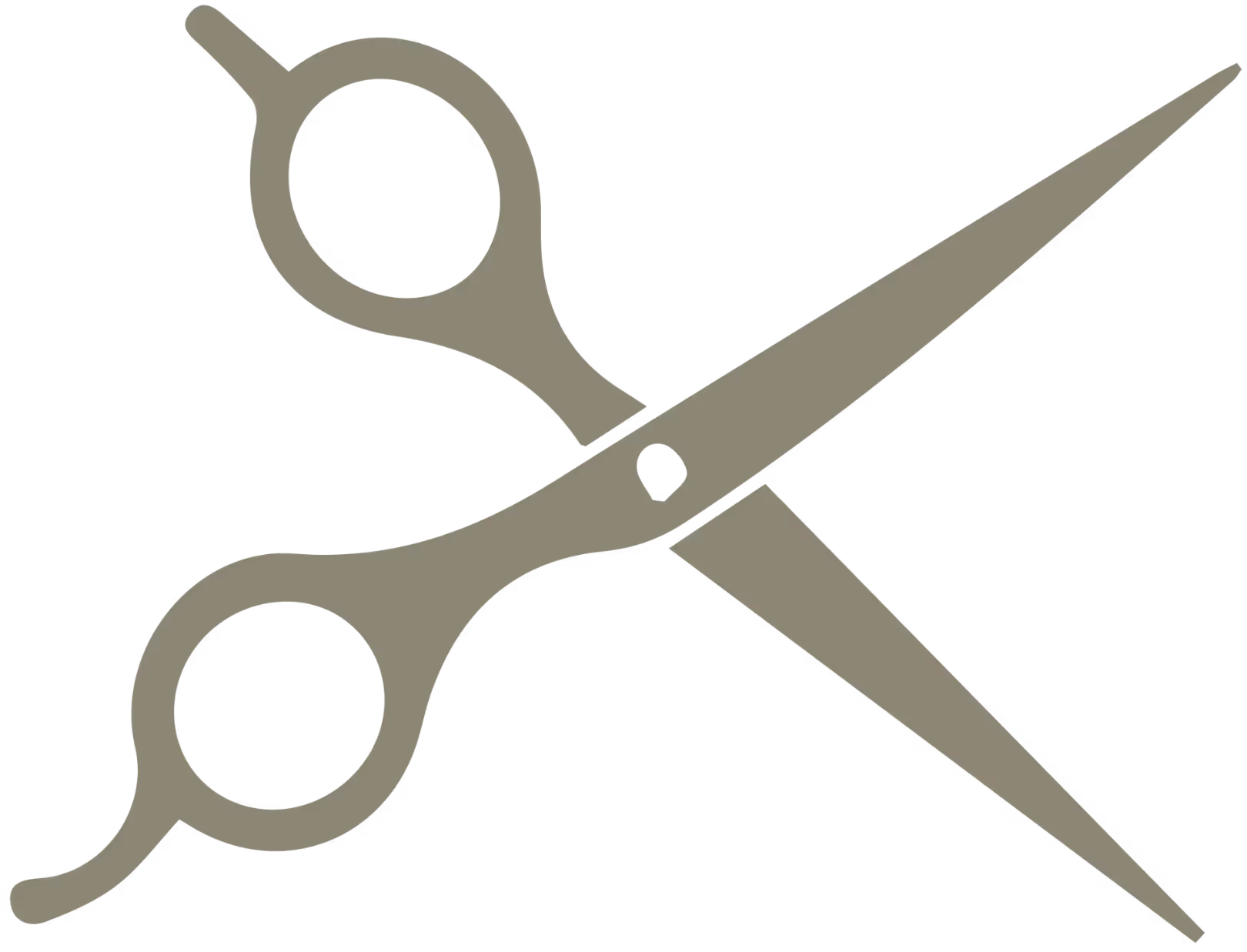 Enkel illustrasjon av en saks med to sirkulære fingerhull og spisse blad, orientert diagonalt fra nederst til venstre til øverst til høyre, i en ensfarget grå farge.